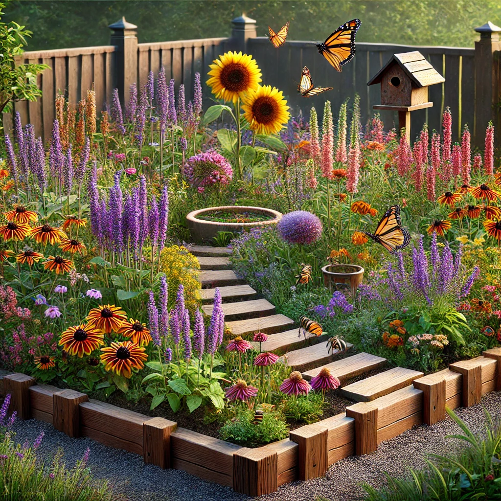 A small pollinator garden with butterflies and bees buzzing around.