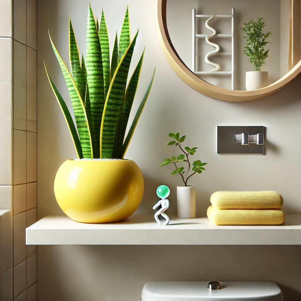 Snake Plant in a yellow pot sitting on a floating shelf.