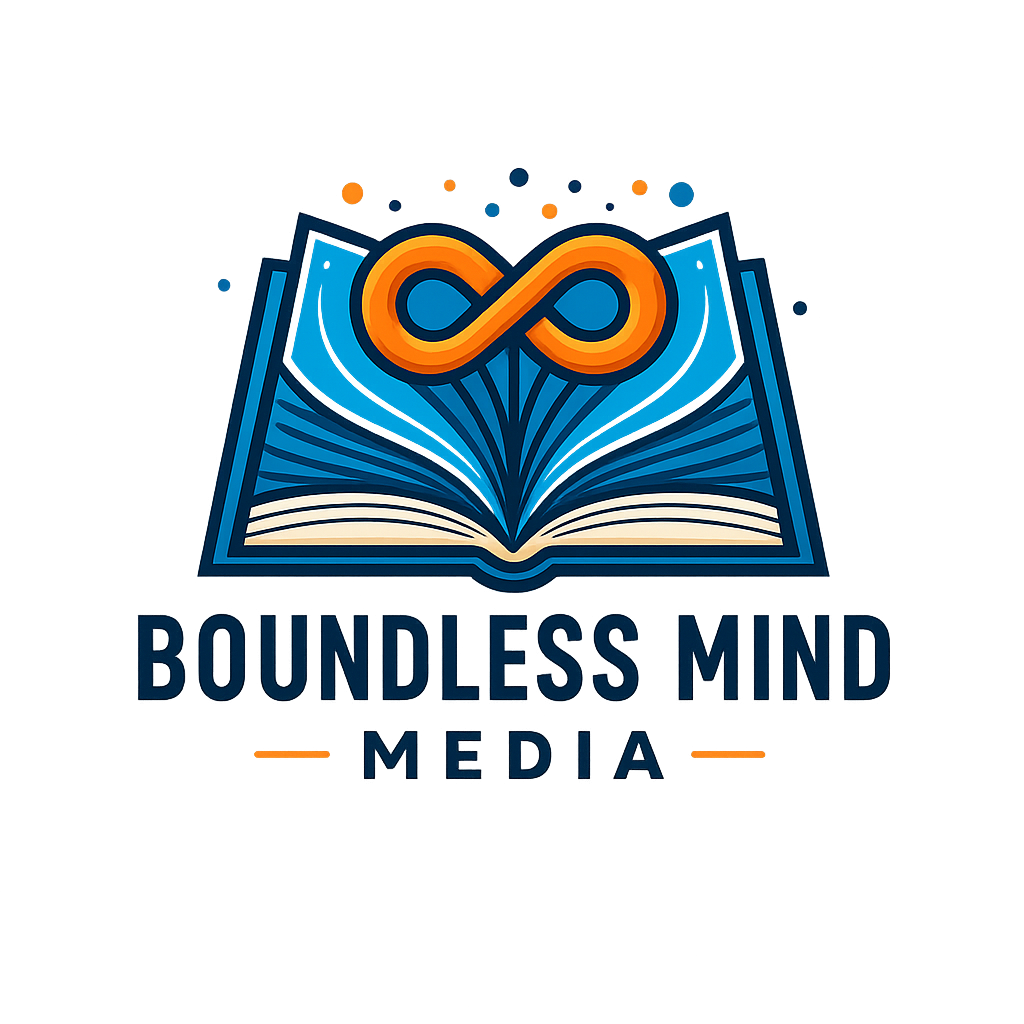 Logo for Boundless Mind Media showing an open book with an orange infinity symbol above it, accented in blue and orange, with the words “Boundless Mind Media” beneath.